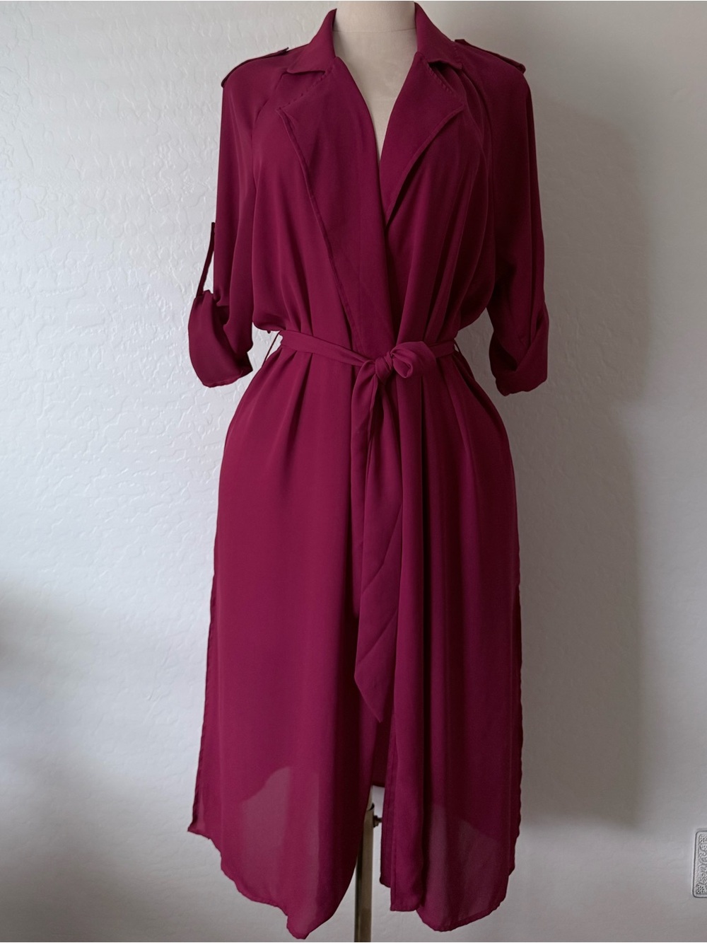 Begonia.K Deep Red Sheer Belted Trench Duster Jacket Roll Tab Sleeves L